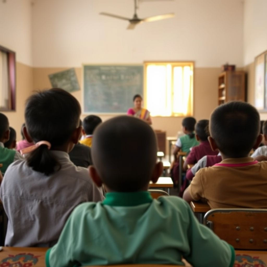A primary classroom mid-lesson, seen from the back.