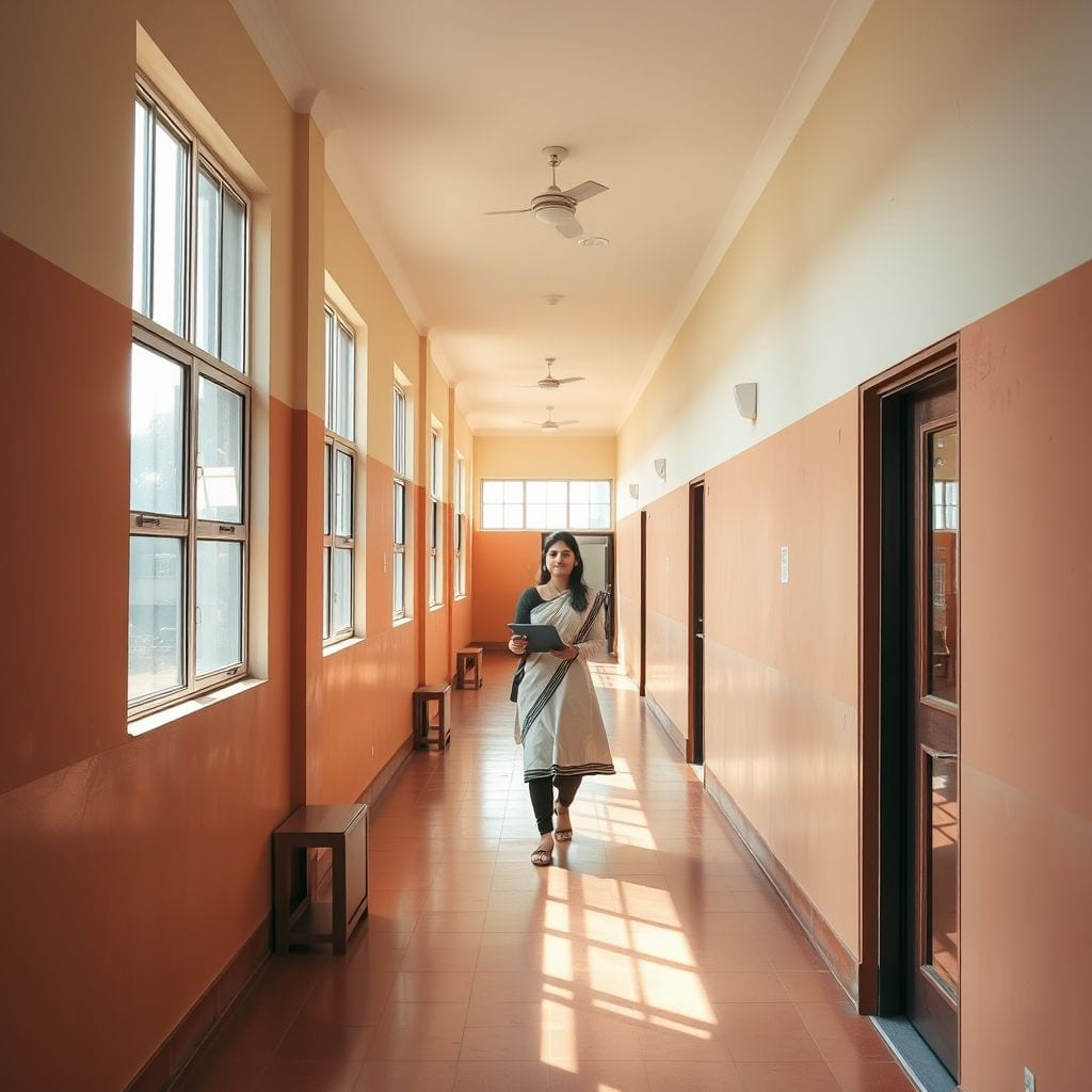A bright school corridor in the morning, a teacher walking with a register.