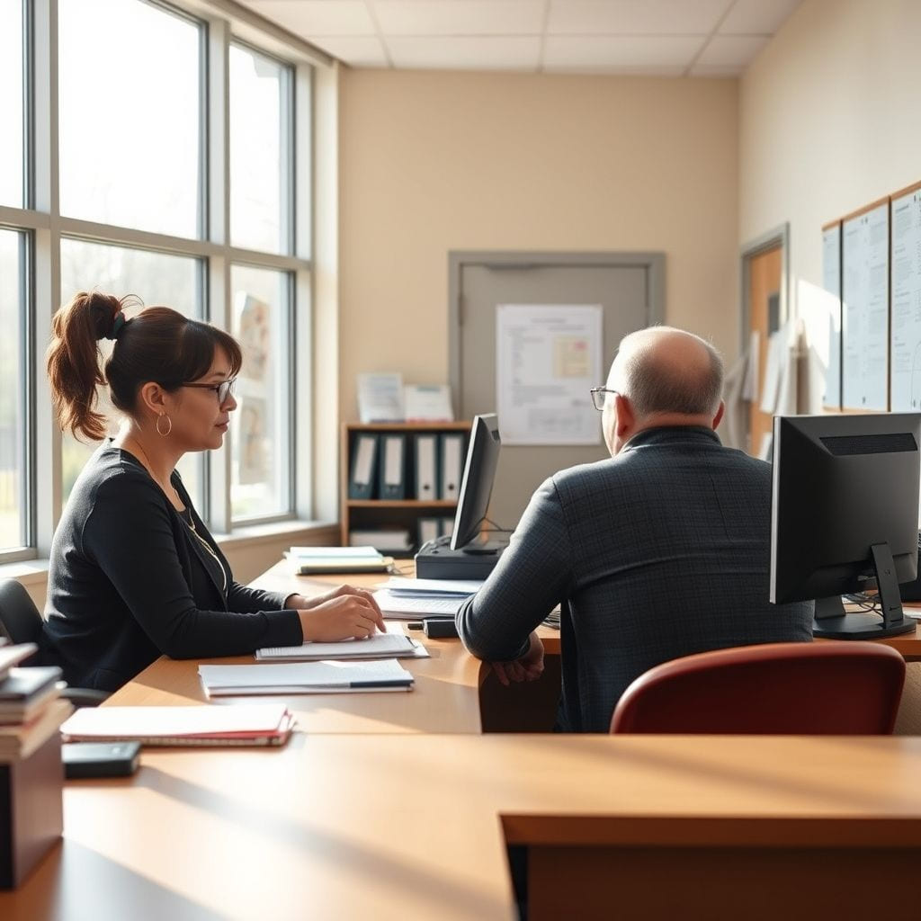 A school office, a staff member and a parent seated across a desk.